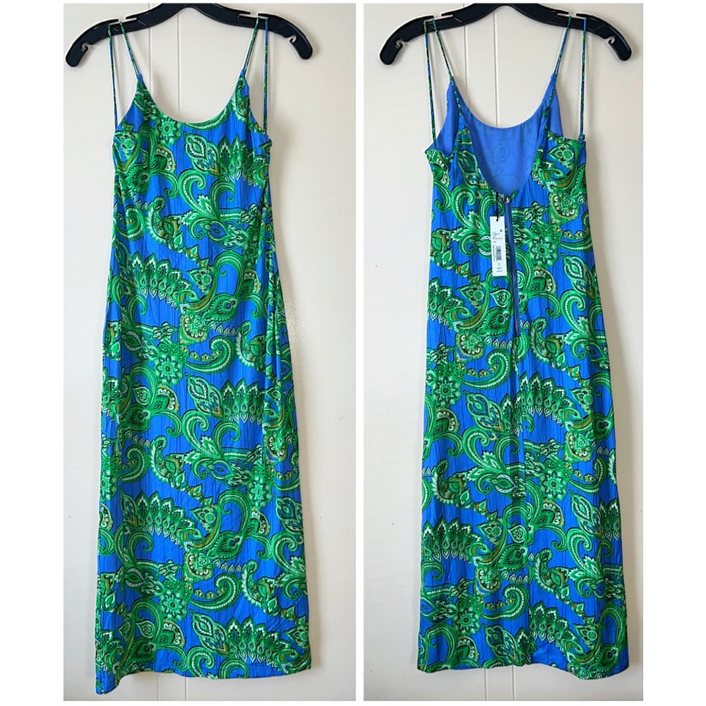 Alice + Olivia Delora Blue Green Paisley Spaghetti Strap Midi Dress - Picture 8 of 16